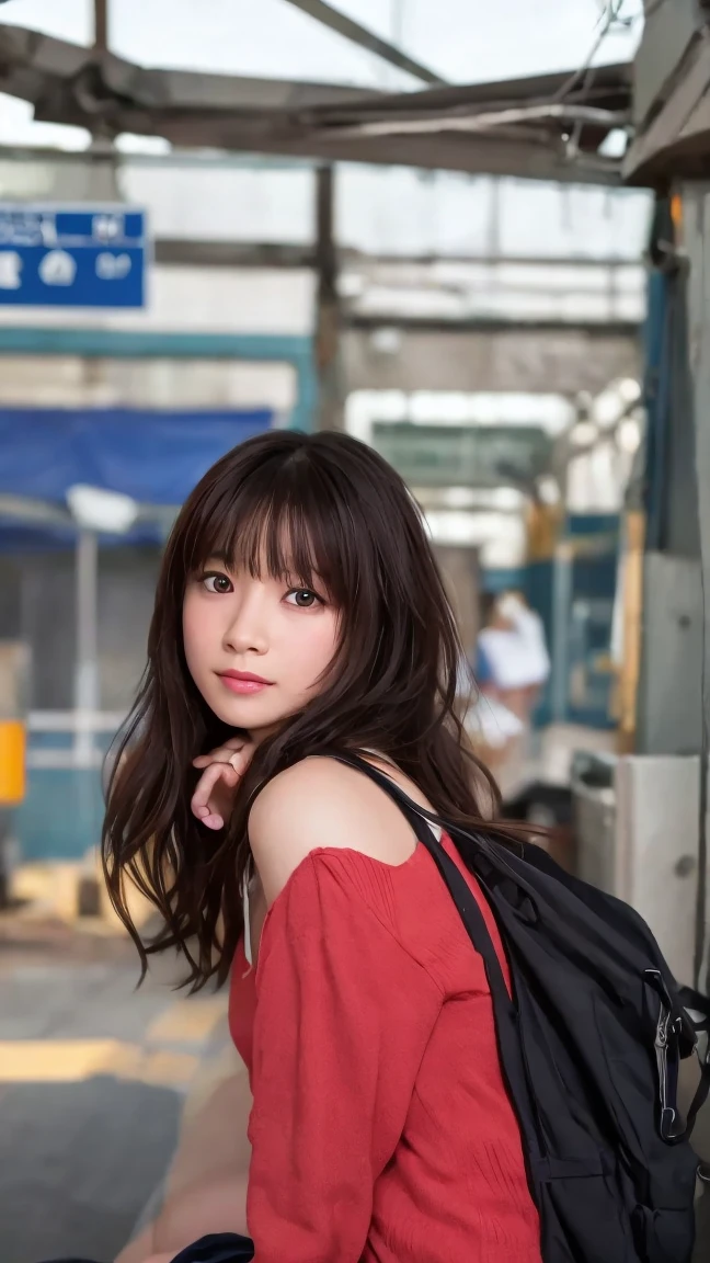 top-quality、16k image、1 Japan Female、Wearing a bright red Santa Claus costume、a miniskirt、A detailed face、Detailed pupils、Beautiful lips、slenderbody、When I was on the platform of the station, Japan steam locomotive D51 came in、ＳＬWave to、Photographed by a professional photographer