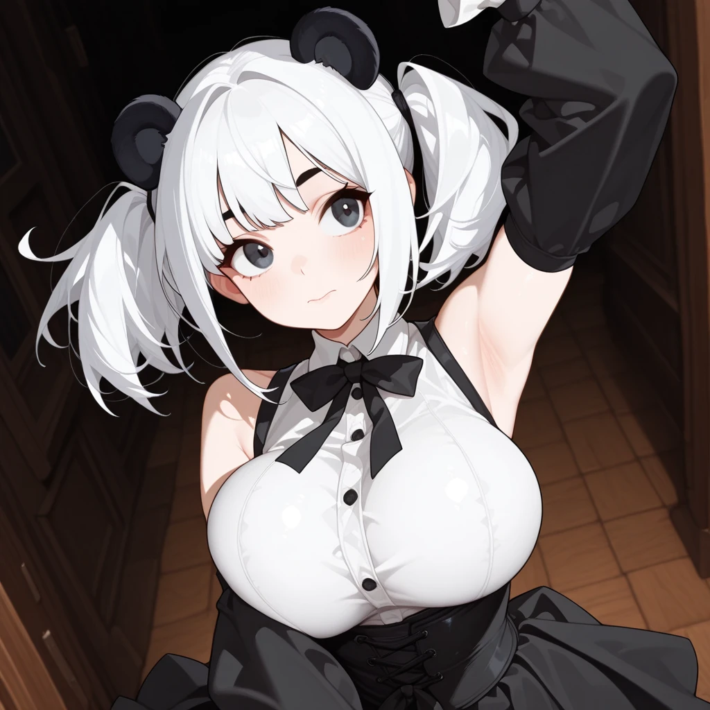 blank \(nod\),playboy bunny, Bunny ears,white leotard,(big breasts:1.5),looking at the viewer,Are standing,((masterpiece)),((highest quality)),perfect anatomy,8K UHD,highly detailed face,luster and luster,((1 girl)),((alone)),perfect image,(Upper body:1.1),(look ahead:1.1),turn your arms behind your back,slim waist,(shiny hair),super detailed,indoor hall,smile,yellow eyes,