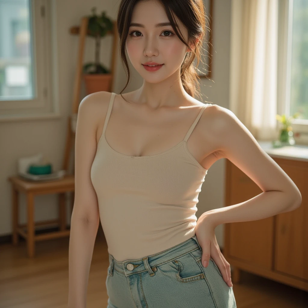 Diffuse lighting、 Highest quality, High resolution, unity 8k wallpaper、Supersaturation, Japanese、1 female、23age、(masterpiece), Highest quality, Highest quality, Detailed and complex, whole body, High resolution, (16age),Very detailed_eye, Sexy Breasts, (eyeliner:0.5),(blush:0.5), Detailed skin, Displaying the viewer, A light smile, Tank top、Pottery Class、kneading clay、There's mud on my face、Doing clay pottery、Turning the potter's wheel、Sit down、 (Zhou Haoguang:1),(Structure of the film:1.3), (Highest quality, High resolution, Realistic, original, 8k,masterpiece, ),Highest quality, masterpiece8k.High resolution. High Rib:1.2, Film Grain, Blurred Bokeh:1.2, Lens flare, (Bright colors:1.2), (delicate),