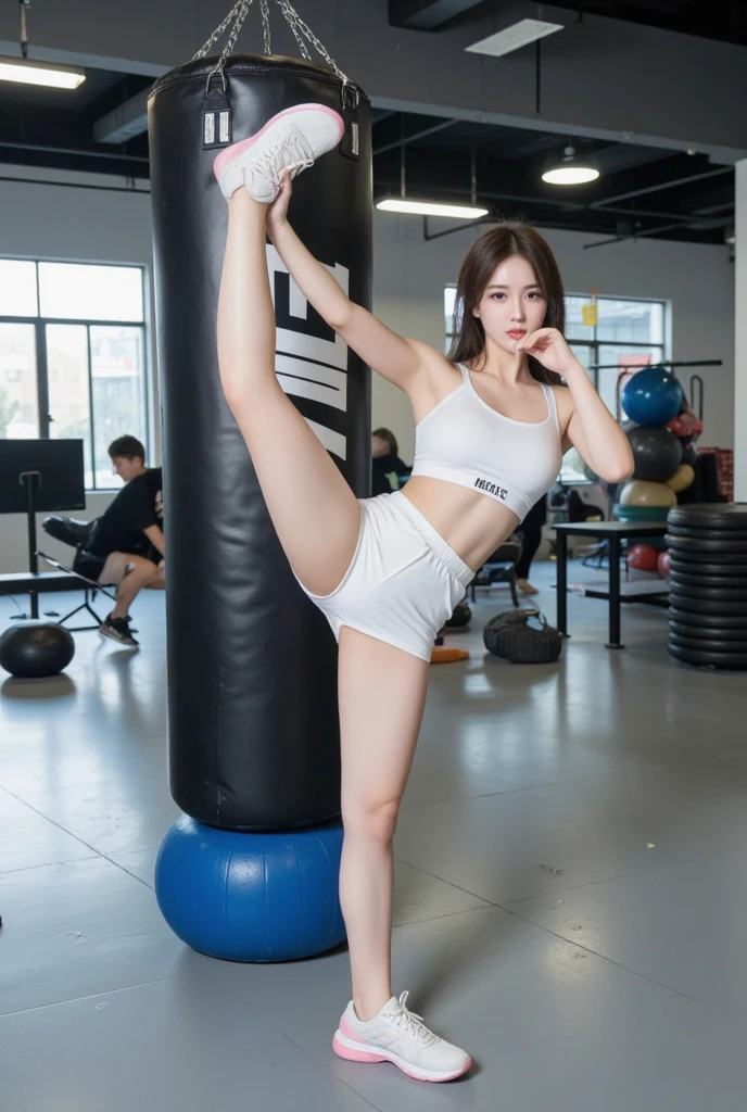 1 Girl, Beautiful, Baby Face, 20 Years Old, White Skin, Bare Breasts, Sexy Pose, Gymnastic Outfit, , Muscles, Bokeh, In the Zero Gravity Experience, Masterpiece,Wearing a sports bra and Tight red jeans,(((Pose jumping from a height)))), Joyful facial expressions,Waving your arms in the air,Show us your side view, with one's legs spread at 180 degrees
