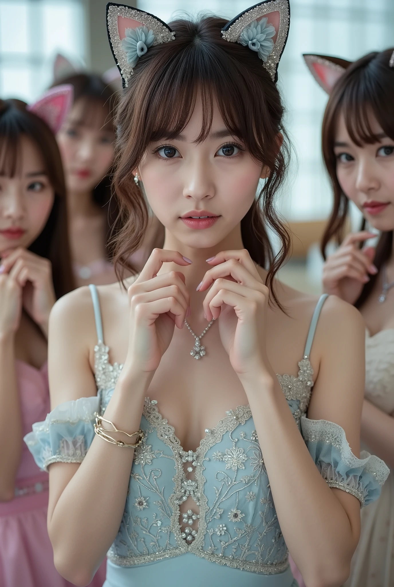 A mesmerizing portrait of a stunning Japanese female idol group, gracefully posed with slender physiques. They wear intricately designed idol group costumes, adorned with delicate textures and shimmering accents, complemented by charming cat ears that add a playful yet elegant touch. The scene unfolds in a dramatic moment from a music video, bathed in cinematic lighting that amplifies emotion, depth, and visual grandeur. Dynamic composition and expressive energy create an immersive experience, capturing the allure and sophistication of idol performance.