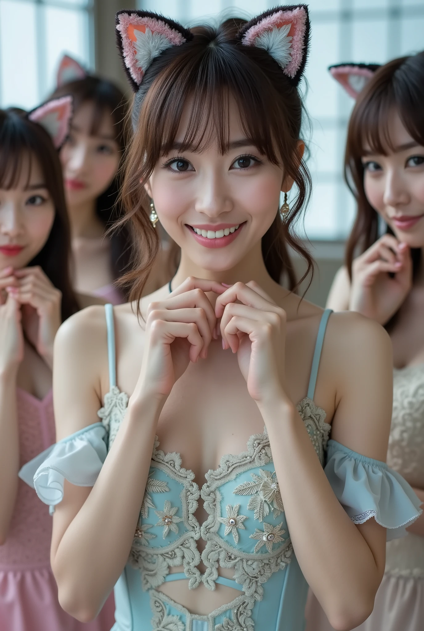 A mesmerizing portrait of a stunning Japanese female idol group, gracefully posed with slender physiques. They wear intricately designed idol group costumes, adorned with delicate textures and shimmering accents, complemented by charming cat ears that add a playful yet elegant touch. The scene unfolds in a dramatic moment from a music video, bathed in cinematic lighting that amplifies emotion, depth, and visual grandeur. Dynamic composition and expressive energy create an immersive experience, capturing the allure and sophistication of idol performance.