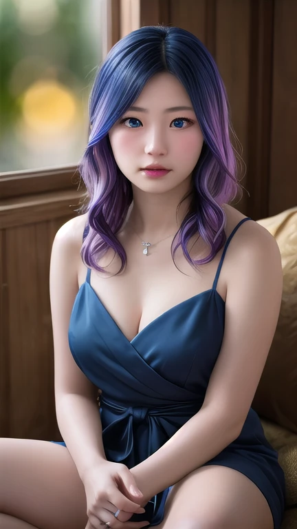 8k、RAW Photos、top-quality、​masterpiece:1.2)、(realisitic、Photorealsitic:1.37)、1girl in、japanese、25-years old、female、(deep in the night)、Sunlight、a room,Day cityscape seen fron the window、Studio Lighting、face lights、photon maping、Radio City、Purple hair、Detailed face、Detailed lips、detailedeyes、More skin、Double eyelids、(huge round tit:1.3)、(Sari and blouse,nepal)、(Sari)、(Wearing Sari)、(((no brassiere)))、Exposed cleavage、exposed shoulder、Thigh exposure、(cammel toe)、perfectbody、shinny skin、(Body wet with sweat:1.2)、smirking face、((Sit up))、cowboy shot、Make eye contact with the camera,background camera lens blur,depth of field,35 m