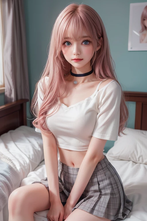 a girl, white skin, young, long pink hair, thin arms, sitting, small mouth, small nose, small breasts, round face, pink skirt, black transparent lace crop top, heart-shaped necklace, navy blue eyes, blush , embarrassed smile, navel, realistic view, very shy, shifty eyes, no hair under the arms, attractive, in a bedroom, lots of stuffed animals on the bed, good lighting