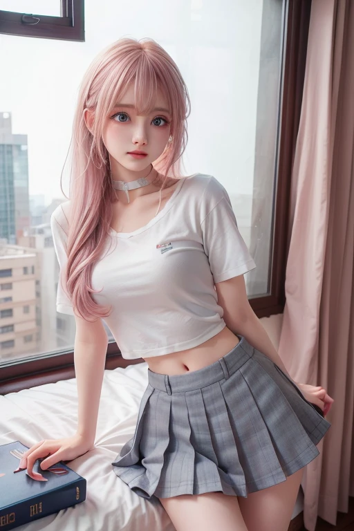 ((Lingerie model)), zoom, masterpiece, highest quality, High resolution, Elizabeth, One Girl, jewelry, Single knee socks, Silver Hair, Hair in one eye, abdomen, Black Skirt, Asymmetrical legwear, ((Pink Shirt)), No sleeve, Black knee socks, belt, Are standing
