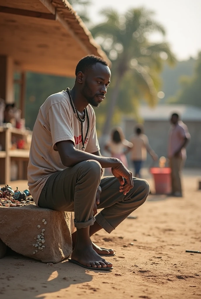 Image d'Assane, un jeune homme noir mince , assis seul au bord d’un chemin poussiéreux dans un petit village africain. Le ciel est nuageux, reflétant son désespoir. Image de haute qualité très détaillé 