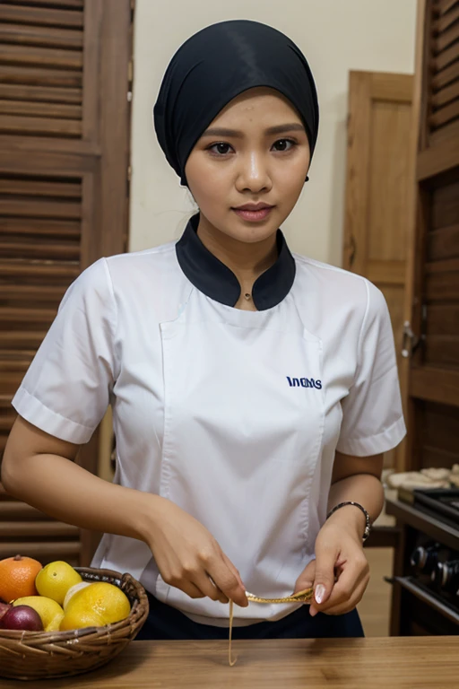The 3d text logo says "GEPREK" at the bottom, with the mascot of a beautiful Indonesian woman wearing a hijab, wear apron, wearing a chef's hat, hand holding a pan, inside the circle, decorated with rooster and fried chicken.