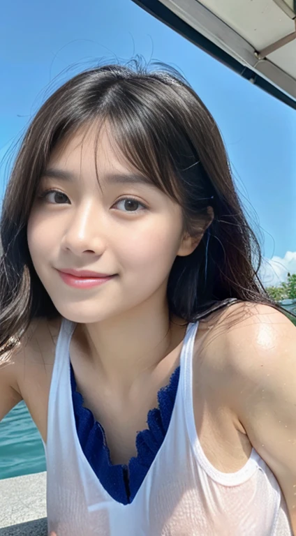 （8k、highest quality、masterpiece：1.2）、（Genuine、Genuine、photoGenuineistic：1.37）、girl、Hyper Detail、Beautiful eyes in every detail、Beautiful nose down to the last detail、（White Dress）、（Summer Clouds）、Upper body close-up、charm，（（stand up））、roof、handrail、Small Town、Summer Sea、blue sky、Sandy Beach、Front Lens、smile、