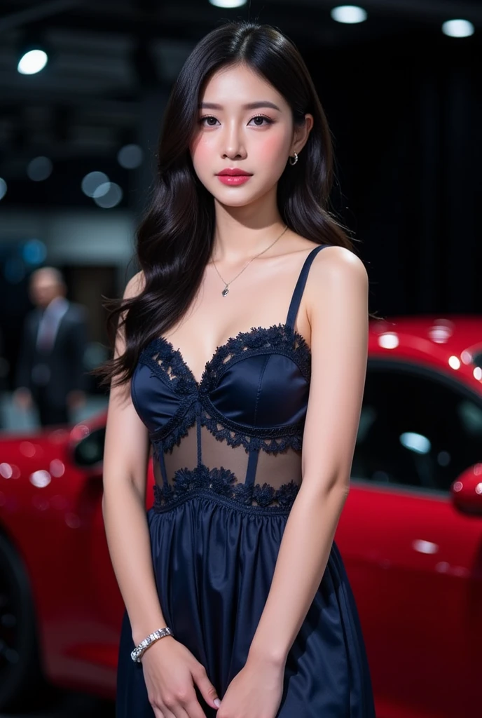 (((best quality))), (((ultra detailed))), (((masterpiece))), illustration,In the midst of a summer auto show, a beautiful car model stands next to a stylish, newly released automobile. The convention center is bustling with people, the air thick with excitement and the scent of rubber and leather. The room is adorned with opulent decorations. The car model has long, flowing chestnut hair and piercing emerald green eyes. She has a flawless complexion with a hint of rosy blush on her cheeks. She's dressed in a sleek, curve-hugging cherry red dress adorned with black lace. Her demeanor is poised, and she exudes confidence and allure. The auto show is vibrant and alluring, a testament to the charm of summer