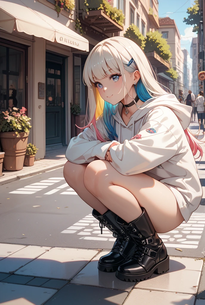 (masterpiece), (Artwork), (great work), (Detailed eyes), (Delicate skin), (heterochromatic eyes), (Multicolor), One girl, solo, Looking at the audience, winter, Cowboy Shot, (Downtown), Cowboy Shot, smile, A girl wearing headphones is staring at the wall, Highly detailed face and eyes, Medium length hair, All the colors have deepened, paint, Graffiti art, Center Configuration, Highly detailed lights and shadows,