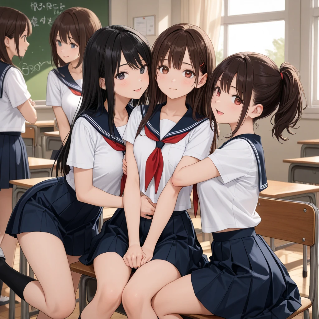 (muste piece, best quality), Five beautiful girls standing in front of the blackboard in the classroom, flip up your skirt, panty shot, lace torimmed panties, on your knees, sailor suit, mini skirt, Ten generations, incredibly cute, Unorganized resolution, highest quality, absurd, super detailed face