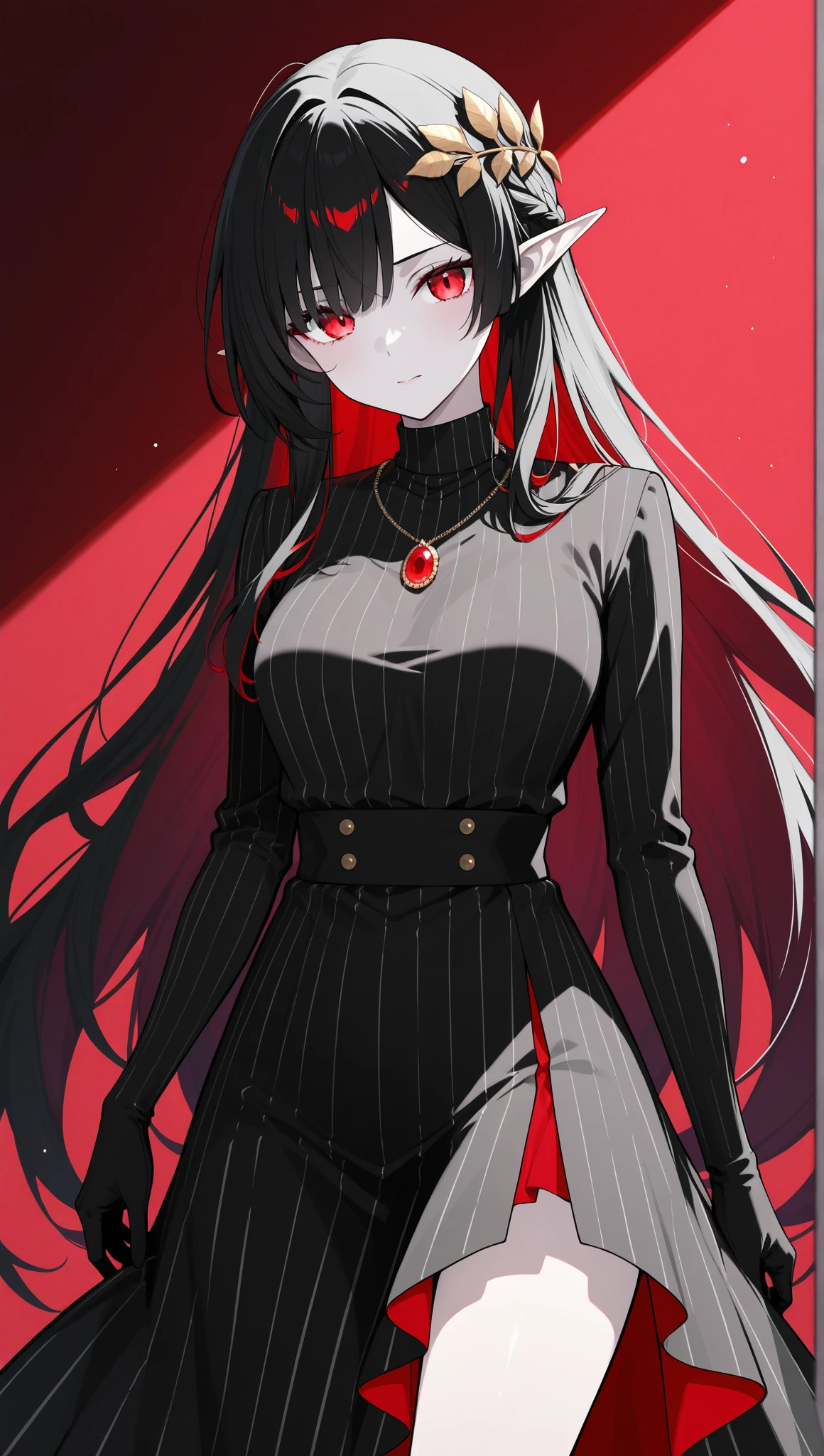 a beautiful girl with long red hair wearing a black dress, extremely detailed facial features, bob hairstyle, full body illustration, woman wearing a long black and red coat, solo character, white background, anime style, highly detailed, photorealistic, 8k, best quality, masterpiece, blue eyes