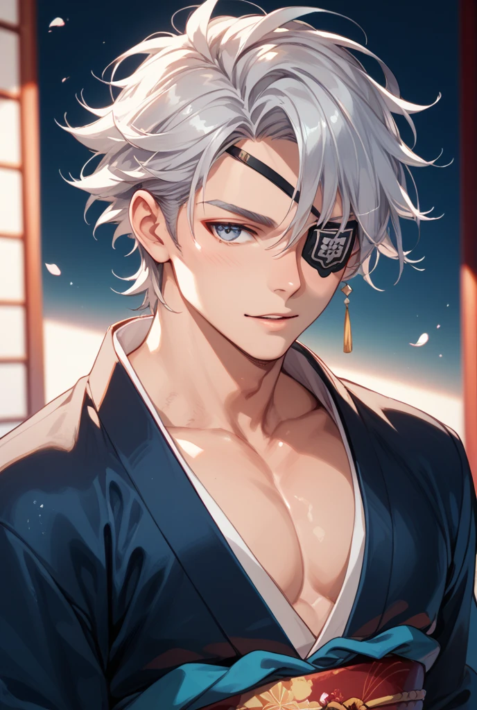 1 man,White color hair,Messy hair,unshaven,Didn't shave,blue colored eyes,Black short-sleeved floral shirt,Floral shirt,smokes,smoking marijuana,Night,natta,urban backdrop,The upper part of the body,Asia face