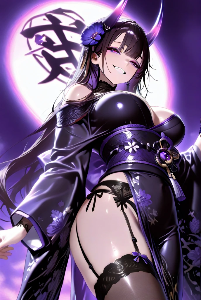 Girl, light skin, violet eyes, black medium hair, messy ponytail, violet kimono, psychotic glare