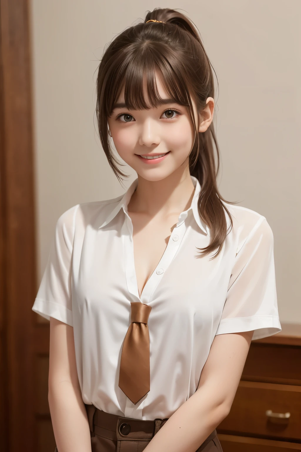 ((top-quality、8K、photographrealistic:1.4、​masterpiece))、Back lighting、highly detailed facial textures women、18year old、(((School Uniforms))、super-detaild skin、beautiful make up、A detailed eye、A smile、open open mouth、Glossy brown messy short hairstyle、