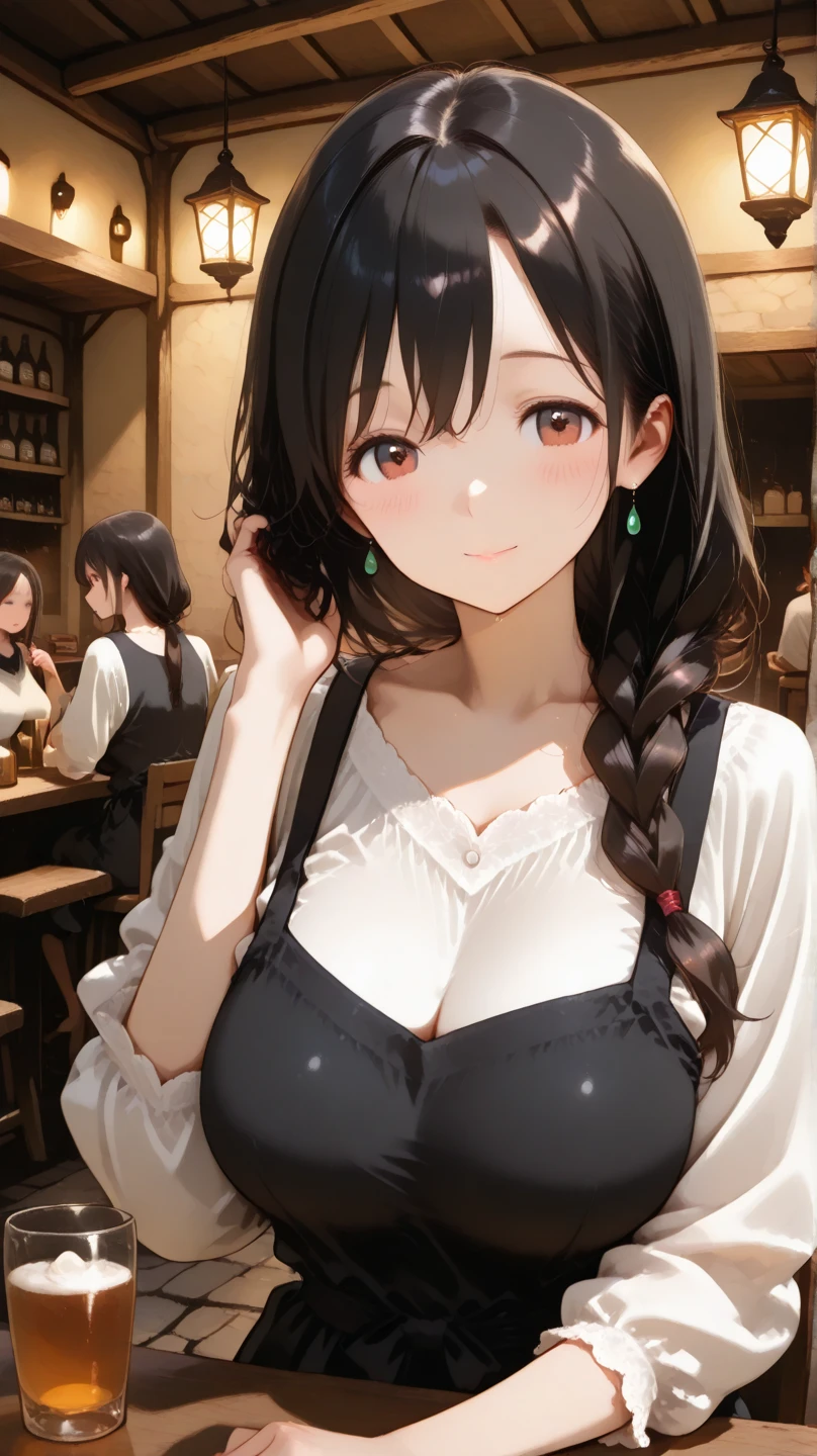 medium shot,1 middle-aged woman,long hair,brown hair,blue eyes,Dressed in a black suit,standing behind the bar,Bar owner,Beautiful lighting.,Put your hands on the counter.,detailed face,Detailed background