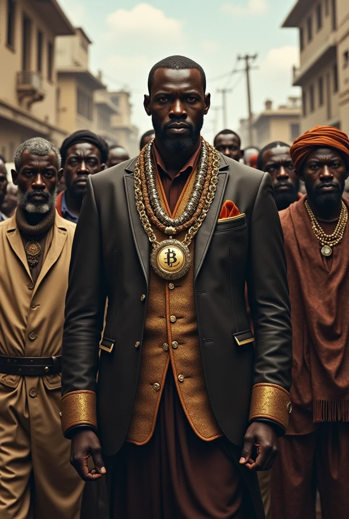 African rich person having alot of money while villagers are crying behind him