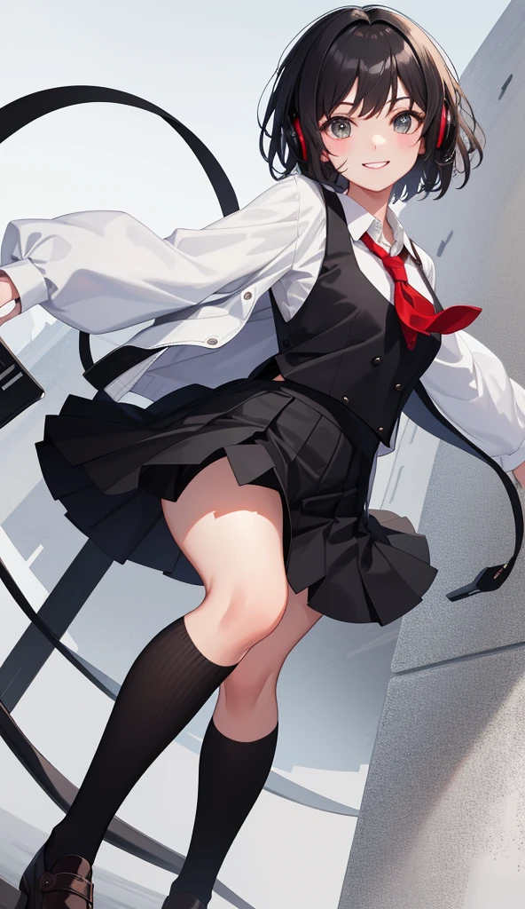 girl in a short mini skirt in knee-length stockings, red-gray hair,Twin Tail, full height, beautiful face, types of panties, 3D wallpaper.