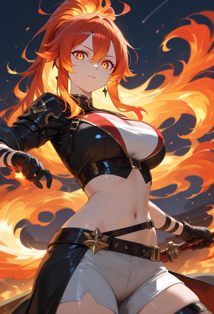 8k,A super muscular American female fire goddess, With the energy of a 20-year-old.,Super Beauty(Like the real thing),Staring angrily at the audience.,Orange Mohawk Hair,Sexy orange and black large chest armor(Fire God's Emblem),Orange Flame Gauntlets(Fire God's Emblem),Orange Flame Leg Guards(Fire God's Emblem),Orange and black shorts(Fire God's Emblem),Slender and muscular lower body,A dark and desolate land,Photorealistic RAW photos of the highest quality。Bright colors,Rich colors, Backlight, Cinema Lighting, Film Grain, 50mm lens, Nikon D850,Realistic Skin,Fantasy art,Character Art,Ultra-high resolution,Realistic Skin,Raised muscles,A 20-year-old beauty who is the goddess of fire,Black Flame God Costume(Orange flame emblem filigree),Energy Man,Showing off very intense and strong abs,Top-down view,Dynamic fighting pose,Uplifting,Bright Red Eyes,American Woman,Bodybuilding,Fighting style,Martial Arts Posture,Super muscle beauty,