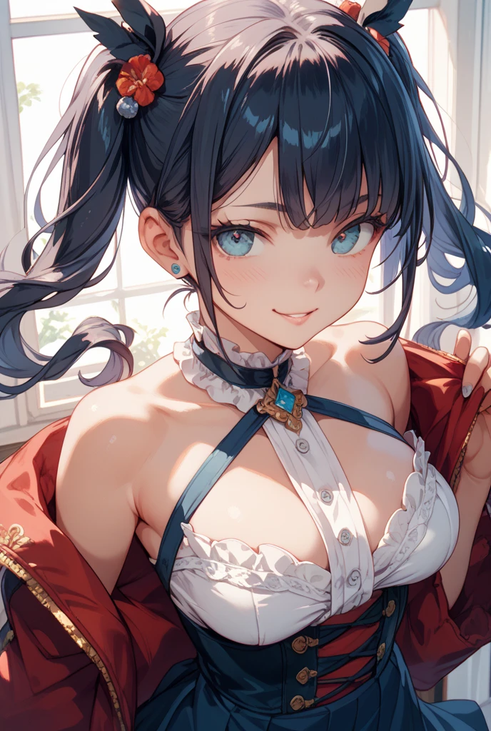 woman, 20 years old, short black hair with blue details, big breasts, perfect body, Yelan wearing red clothes, Klee clothes, doing a sexy pose