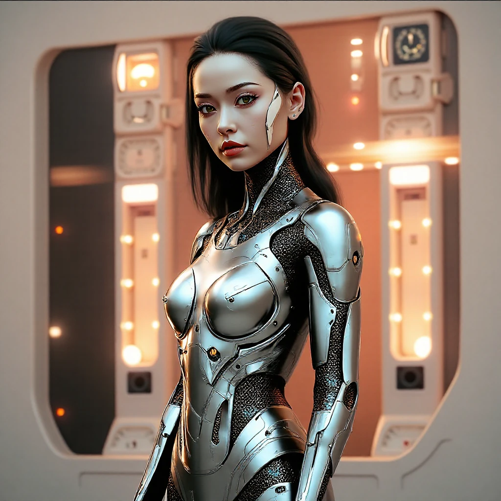 Asian woman in a futuristic bodysuit with cybernetic eyes
