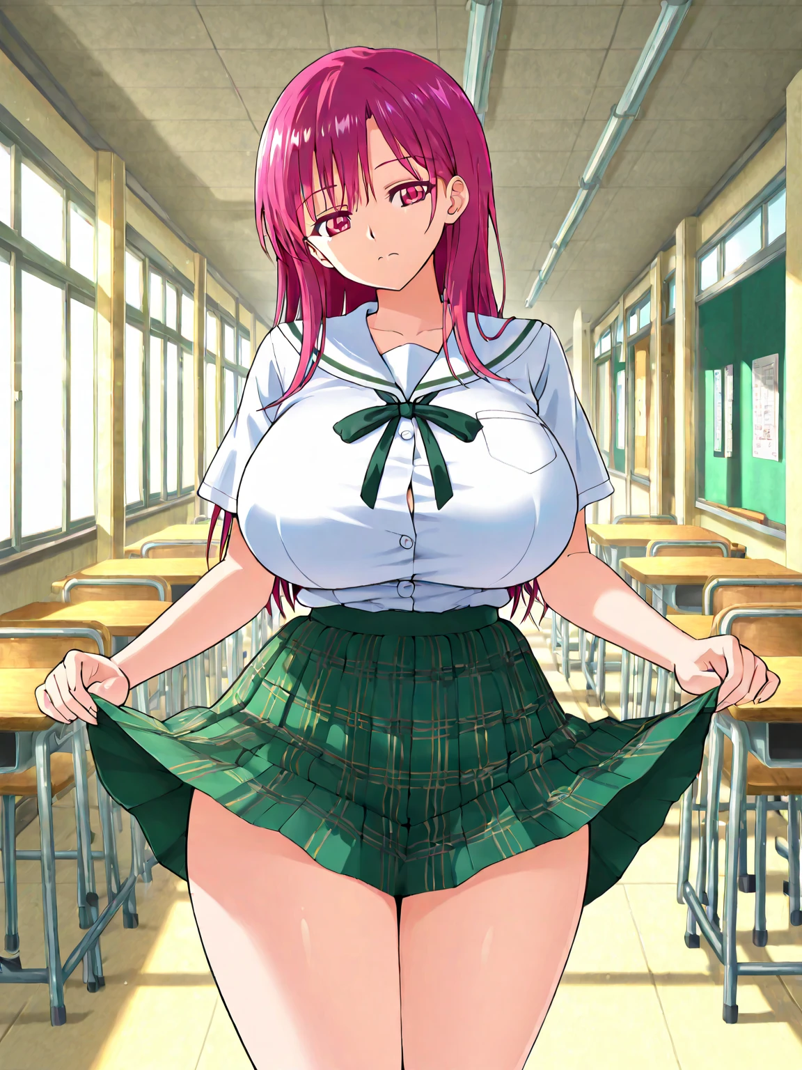 one girl,full body figure,big boobs,big boobs,Perfect five-finger、mini skirt、I can see white panties、whitepanty、shy face、Voluptuous legs、perfect thing、highest quality、big breasts、detailed description、small details、detailed face、white skin、Nino Nakano、pink heir、butterfly heir ornament、The Bride of Fifths、school uniform、white shirt、summer clothes、green skirt、white thihhighs、lift skirt、Skirt flip、classroom