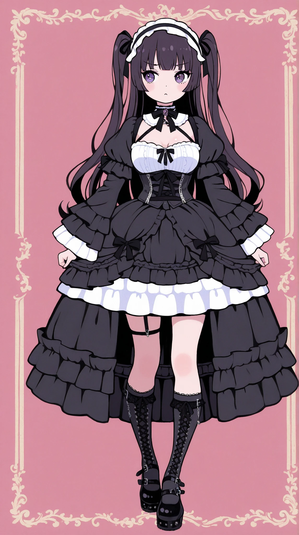 Full body illustration of a girl with very large breasts。Hime cut with long black hair、She has straight bangs and blue eyes.。She is wearing a black Gothic ta dress、Very long black rabbit ears hanging down at each side。The breasts are very large。