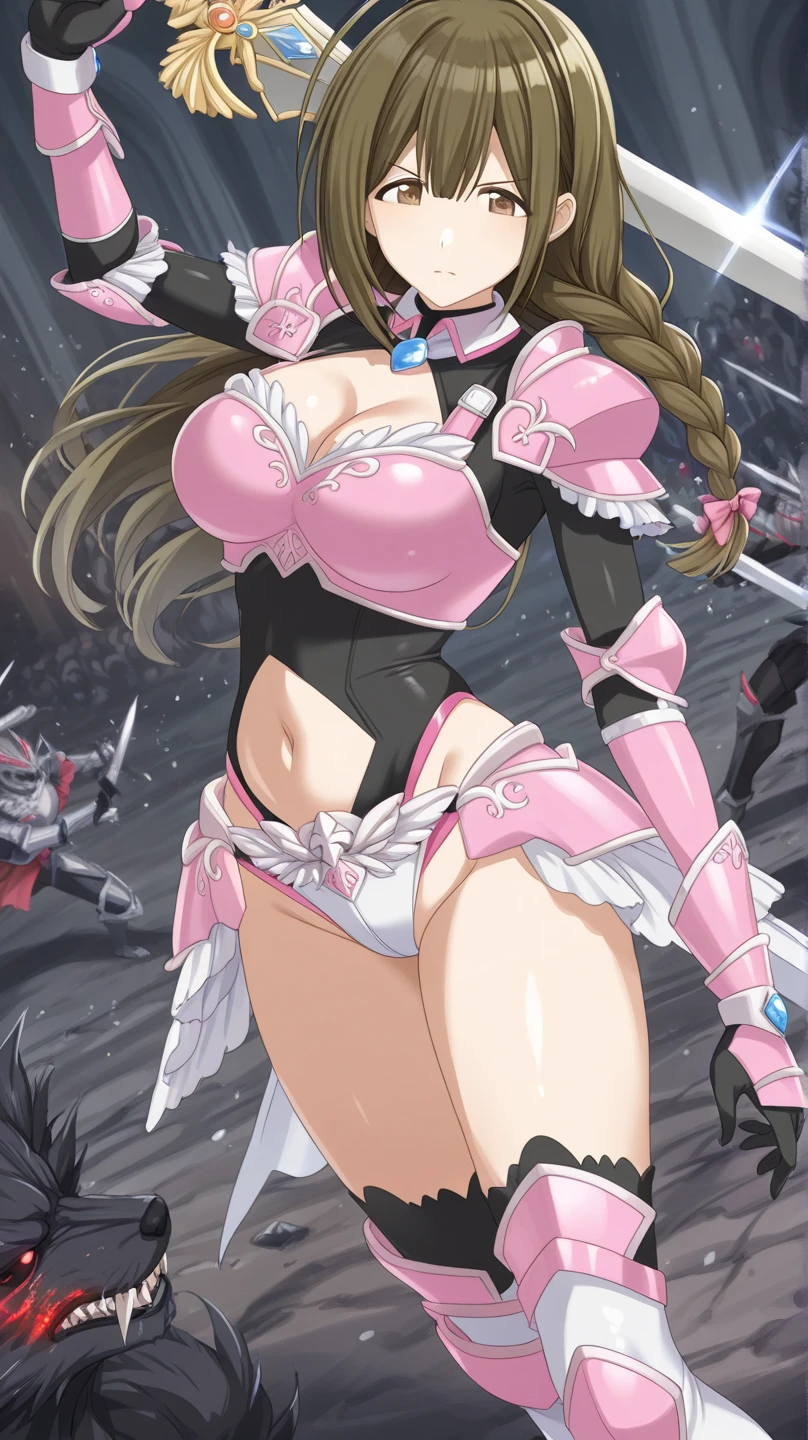 magazine cover of warrior, sexy pose, big breasts, servo armor, dragon Slayer sword, pink hair, elf earns