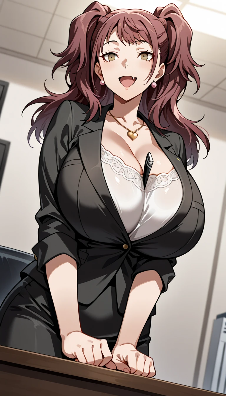 masterpiece, best quality, ultra-detailed, glistening shiny, glowing light, ray tracing, HDR, (perfect face, detailed face, detailed eyes), 8k,HD,ultra realistic face, ray tracing, perfect lighting, best quality, ultra-detailed, High resolution, 1girl, Full body, Description Girls, detail hands, Detail fingers, Detail Face, cute face, detail legs, overdetailed art, Fine details, brown hair, long hair, black eyes, milf, 1woman, the study, white shirt, open shirt, show breast, show bra, ((purple bra)), huge breast, huge ass, tight fitting miniskirt, show panties, (purple panties), evil grin, sweat, pose provocatively, see through, transparent