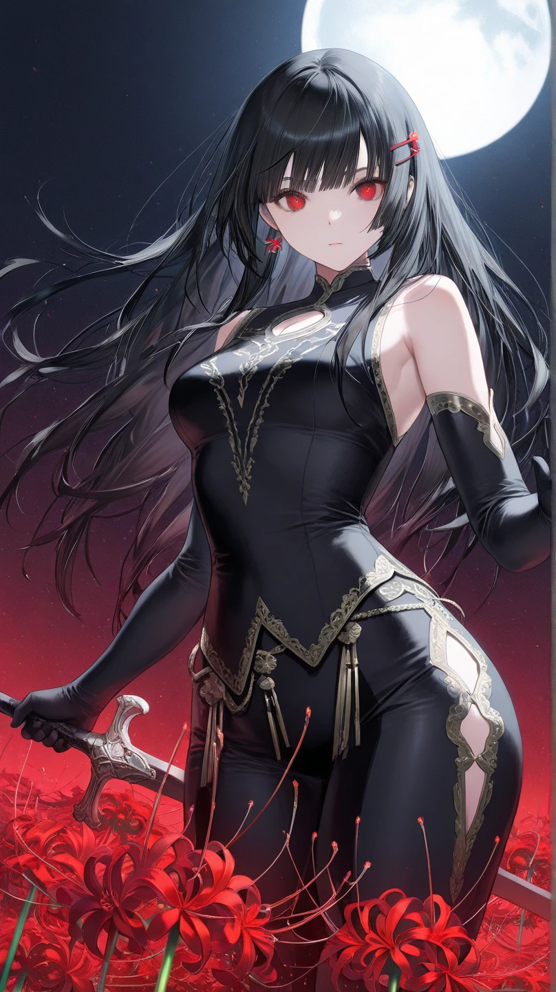 ((masutepiece, Best Quality)), ((hight resolution)), (photos realistic), Best Shadow, high detailing, Very detailed, (nice hand, Perfect hands), (Face Focus:1.2), ((1girl)), Beautiful Girl, 25 years old, (black long Hair:1.5), (normal breasts:1.3), (view from front), (Very slender:1.3), (Cute face:1.3), (look at viewer:1.4), detailed facial features,droopy eyes, Crisp focus, perfect beautiful body and face, Perfectly focused, Long bangs, (in the castle:1.4), (enchanting smile:1.5), ((fantasy)), ((red eyes)), ((black armor)), standing, ((shining sword:1.3)), crescent moon, magic circle