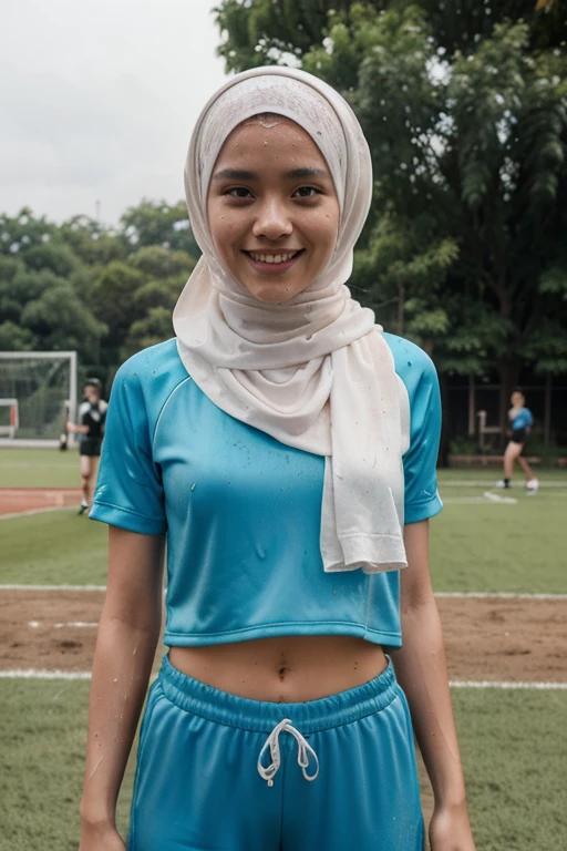 RAW, Best quality, high resolution, Masterpiece: 1.3), Beautiful malay woman in rugby outfit wearing shawl style hijab, non naked, wearing jersey outfit, ((2 females, groping each others breasts, breasts groping, hugging each other)), flawless face, cute face, pretty malay face, beautiful white teeth, Masterpiece, Perfect plump body, full body, sexy rugby outfit, tight breasts, short hair, ((wearing black shawl style hijab, wide and long hijab)), covered in cum, soaked in semen, beautiful big eyes, watery eyes, Soft smile, smiling, breezy, skin details, skin texture details, wide hips, thick thighs, sexy plump body, morning time, happy, bright sunshine, at football field, blurred background, bokeh, ((white, black and grey outfit, wearing baggy rugby jersey shirt short sleeves, wearing black handsocks, wearing tight shorts, wearing black long socks, wearing sweater)), ((standing, sexy legs)), ((hands above breasts)), ((wearing long black gloves))