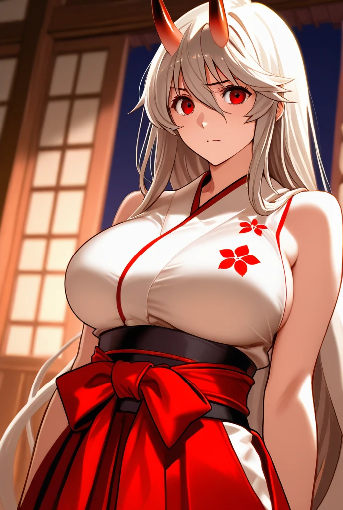 masterpiece, High-quality, 独奏, ume daiki, 1woman, long hair, white hair, red eyes, big boobs, huge tits, red kimono, hanafuda earrings, naked,