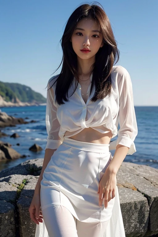 (Masterpiece, realistic, high resolution), (1 girl): 1.2), Chinese, ((black wavy hair): 1.3), (heterochromic eyes: 1.1, thick eyebrows), tie, (white transparent shirt, white transparent sports shorts: 1.3), ((medium breast): 1.3, thighs), outdoor, blue sky and white clouds
