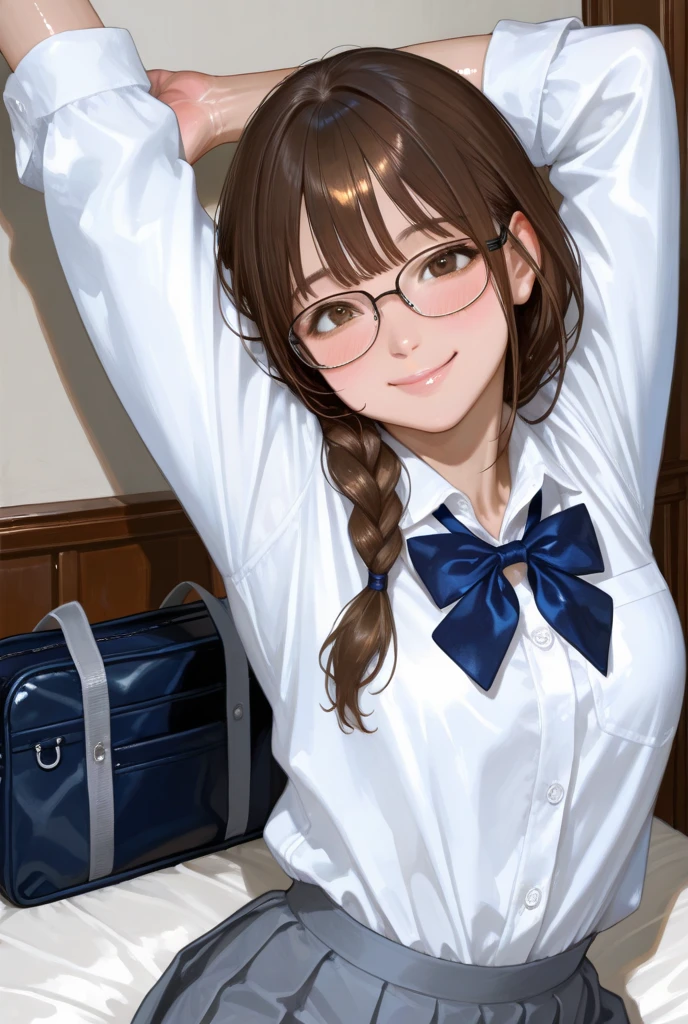 anegasaki nene、Shiny brown hair, short hair, (Beautiful brown eyes、Sparkling eyes, Fine grain)、smile、Ultra-detailed eyes、Highly detailed face, Highly detailed eyes,Cowboy Shot、
(masterpiece:1.2, Highest quality), Beautiful illustrations, Browsing Caution, View Audience, Cowboy Shot, Front view:0.8, 1 person,Baby Face,(short hair:1.5, Twin tails:1.7), Brown Hair, Brown eyes, Thick eyebrows, (Thin thighs), Beautiful Hair, Beautiful Face, Beautiful details, Beautiful clavicle, Beautiful breasts,Beautiful fingers,
((summer , White shirt:1.1, Dark Blue Skirt, Pleated skirt:1.1, Glasses, Dark blue socks, Black Loafers, )), (Beautiful views), School, The wind is blowing, (erotic, sexy, Upward glance, かわいいsmile), Glowing Skin, Perfect Face, Cute and symmetrical face, Natural Side Lighting, Cinema Lighting),Drink coffee,Dirty white panties,