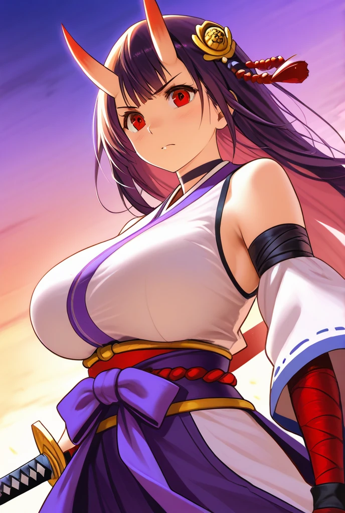 masterpiece, best quality, shiranui, 1girl, breasts, solo, large breasts, smile, looking at viewer, hand on hip, blush, huge breasts, brown hair, long hair, hair ribbon, hair between eyes, red eyes, shiranuioutfit, shiranui outfit, mizuki,
