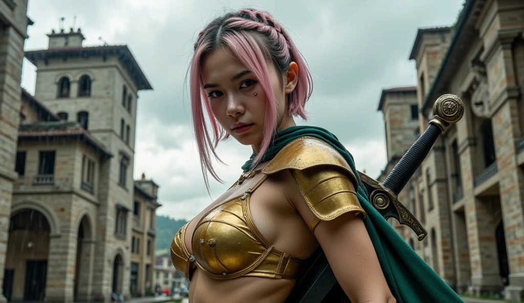 Itallian woman, pink long hair, golden bra, green cape.