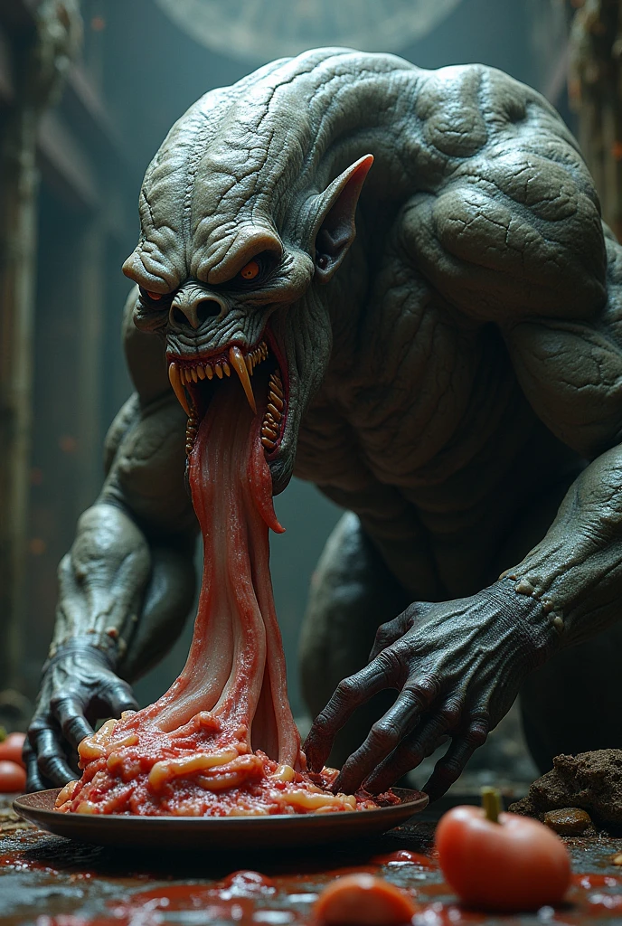 masterpiece,best quality, ultra detailed,highres,high-resolution,4k,4k portrait,8k,8k portrait,unity 8k wallpaper,extremely detailed CG,unity 8k wallpaper,realistic,RAW photo,real person, portrait photography,photorealistic,shiny skin,detailed skin,
Two men and a woman are trying to carve a huge strange lump of meat with a knife and fork on a plate on a small table in a fine restaurant in Provence, France, the man is wearing a casual white collar shirt, the woman a summer dress, it is night and dark outside, the restaurant is lit by electric lights hanging from the ceiling, illuminating the man and woman in the darkness. A large amount of blood is pouring from the lump of meat on the table, running from the table to the floor, and the man and woman are covered in a large amount of blood on their clothes,30 for men and 26 for women,Men and women smile and chat and look at the mass of flesh,(The room is filled with large chunks of meat, like dinosaur meat:1.3),
Stylish restaurant, big plates, (Huge chunks of meat:1.7), bottles of red wine, wine glasses, men and women sitting on chairs,Blood,Clothes with blood,(smil:1.5),teeth,(dark room:1.5),
close-up portrait,
disgusting body horror creature meat, reelhorror, blood, humanoid, tentacles, creature, monster, dismembered,