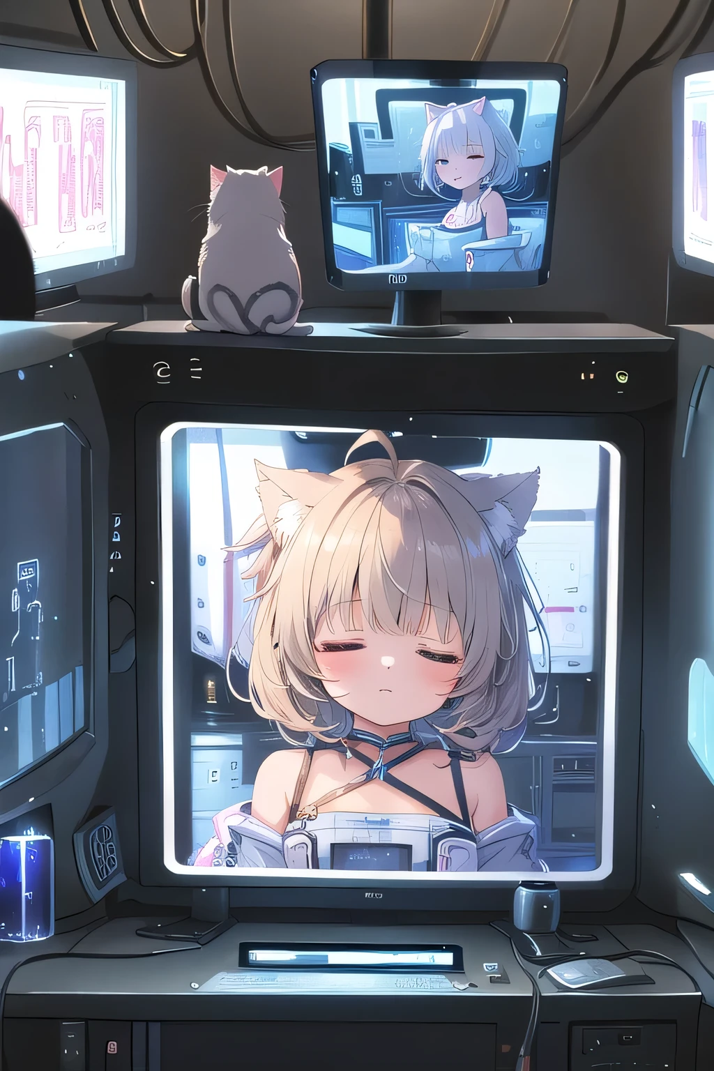 ((top quality)), ((masterpiece)), (Details), 1 girl。blunt bangs。braided ponytail。ahoge。shorthair。cute barrettes。(small breasts)。((Laboratory with electronic devices。 LCD monitor。computer。cat ear girl is sleeping, in chamber))。