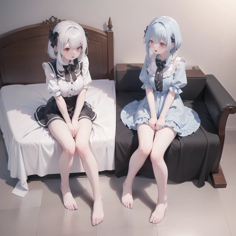 Heroine lying in bed with phone in underwear, smiling, white blonde hair color, charming high quality clothing, blue lace costume, Chinese Zhejiang goddess, seductive girl