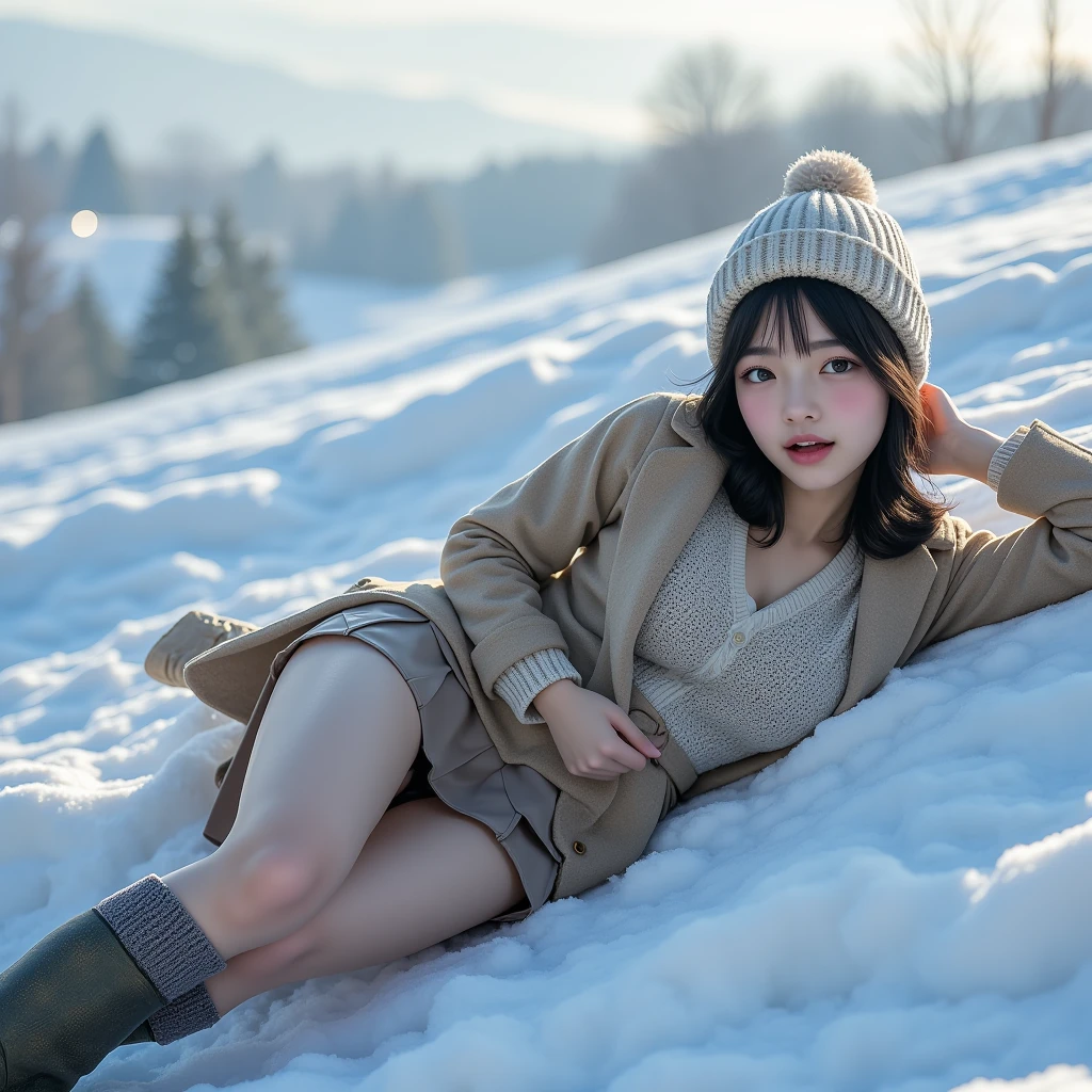 cinematic photo 1girl, smile, snow, 135mm photograph, film, bokeh, professional, 4k, highly detailed , ((full body)) , topless