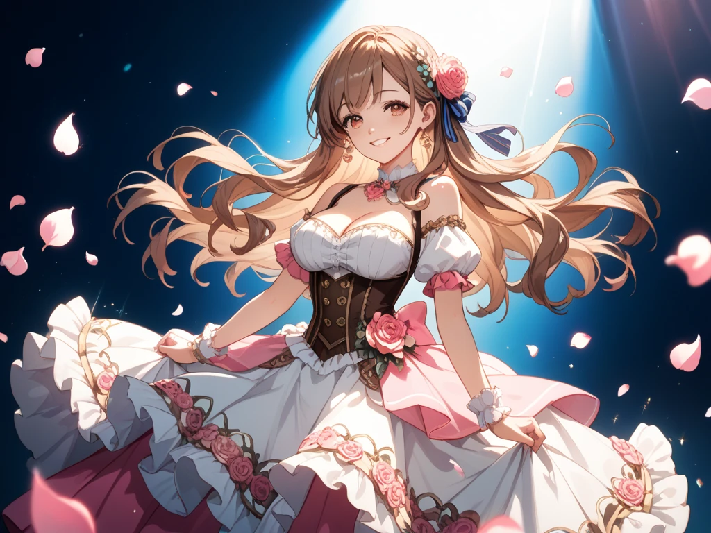 One Girl、Looking at the audience、
Beautiful Blue Eyes、Brown long hair、Mole under the eye、Plump and glossy lips、Heart-shaped choca、Idol、smile、ー、。.。.。.。.。.。.。.。.。.。.。.。.。.。.。.。.。.。.3D、Realistic、
Princess dress with too many frills、Drape clothes、gem、The decoration has been removed、Floral、Lace trim、bright stage、
masterpiece、highest quality、8k、Detailed skin texture、Detailed cloth texture、Beautifully detailed face、Intricate details、Very detailed、
超A high resolution、8K Ultra HD、Film Grain、Best Shadow、delicate、Staring at the audience、front