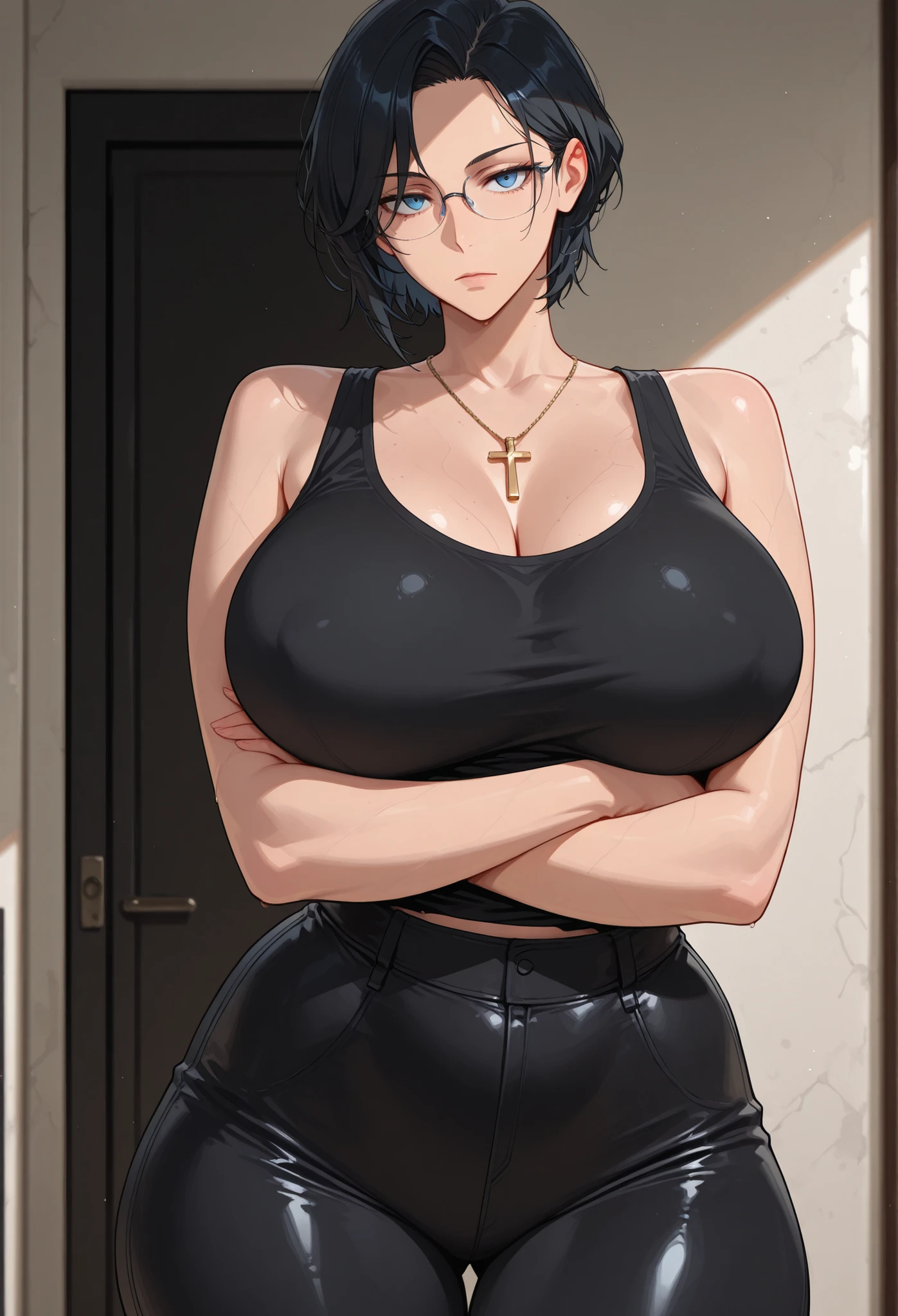 masterpiece, best quality,Mature female,1girl,Light skin,Black hair,Short hair,Rough cut,Cross necklace,blue eyes,Black tanktop,Black tight pants,big thigh,big breast,Expressionless,glasses,Crossed arm,Staring at viewer