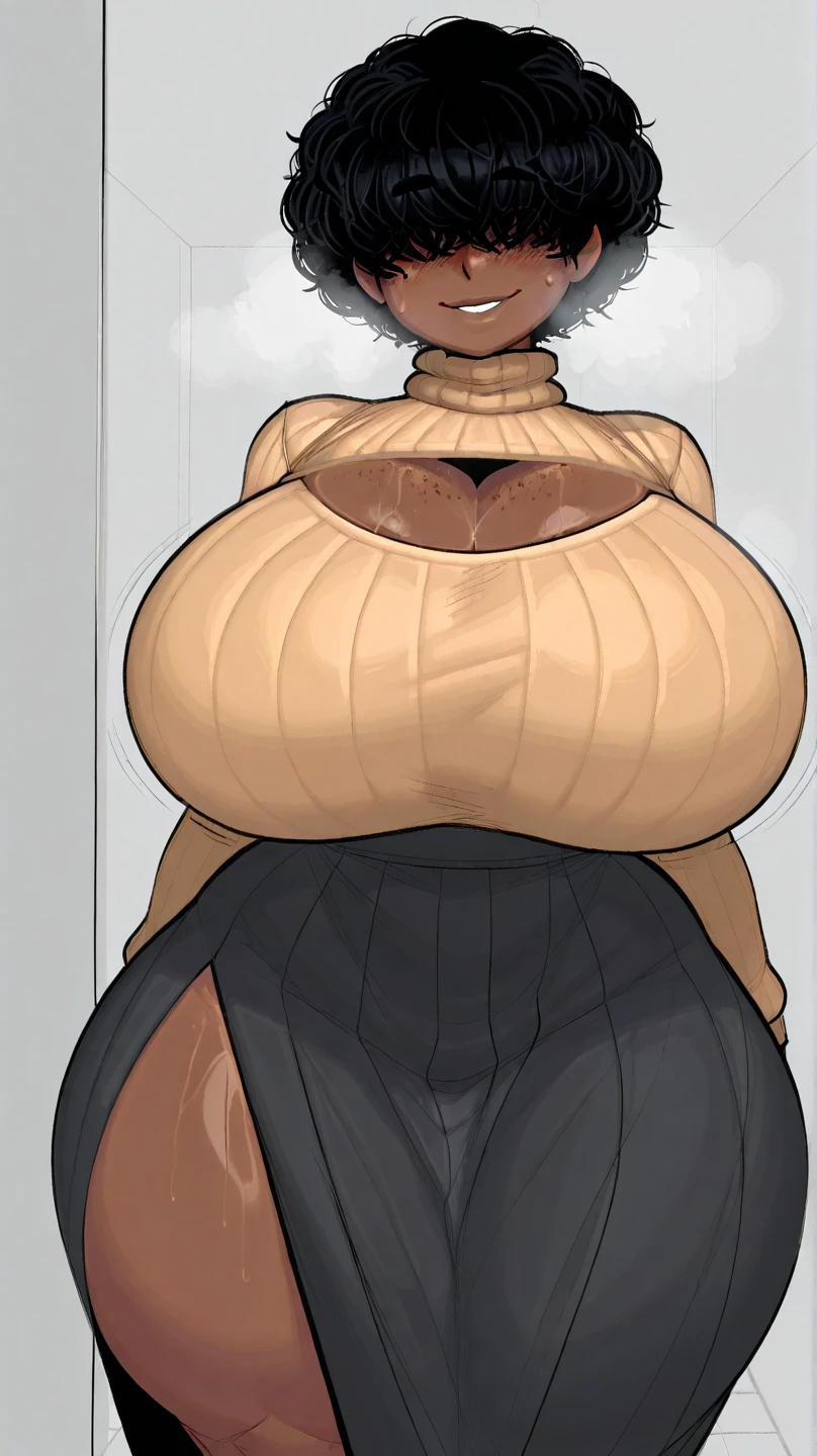 Masterpiece, detailed, realistic, young black african woman, (thin, slender body), (gigantic breasts:1.8), (sagging breasts), (anxious expression:1.3), topless, african village, (shy pose), shaved head, large eyes