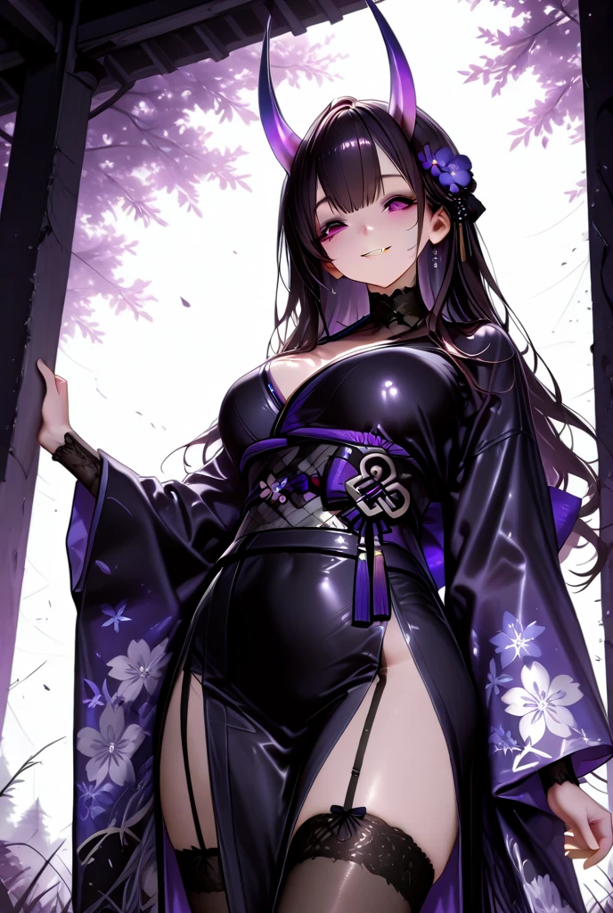 Raiden Shogun, genshin impact, black hair, purple eyes, absurdres, highres, ultra detailed, ultra-detailed background, detailed background, extremly detailed, 1girl,bunch of flowers, (zentangle:1.2), (geometric:1.2) black and white color palette, monochromatic, big breasts, cleavage, sideboob, lingerie, realistic depiction