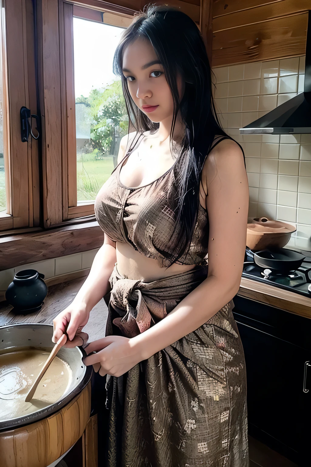(masterpiece:1.1, Best Quality:1.1, 32K HDR, High resolution), (1girl in, Solo), Ultra-realistic Chi-Chi portrait, ((older chichi, dragonball z, Mature chichi, Mature Chichi)), realistic chic hairstyle, Black hair, updo hair, Dango Hair, Red Hair Band, yellow china dress, yellow Chinese fighting dress, earrings, gigantic cleavage, Colossal tits, Huge boobs, huge-breasted, (((realistic down blouse shot, Nip slip))), (Inside an abandoned hut:1.1, Messy kitchen, Perfect slim body:1.1), hyper detailed face, Detailed eyes, Realistic skin texture, Detailed explanation of the skin, (Deep leaning forward posture),