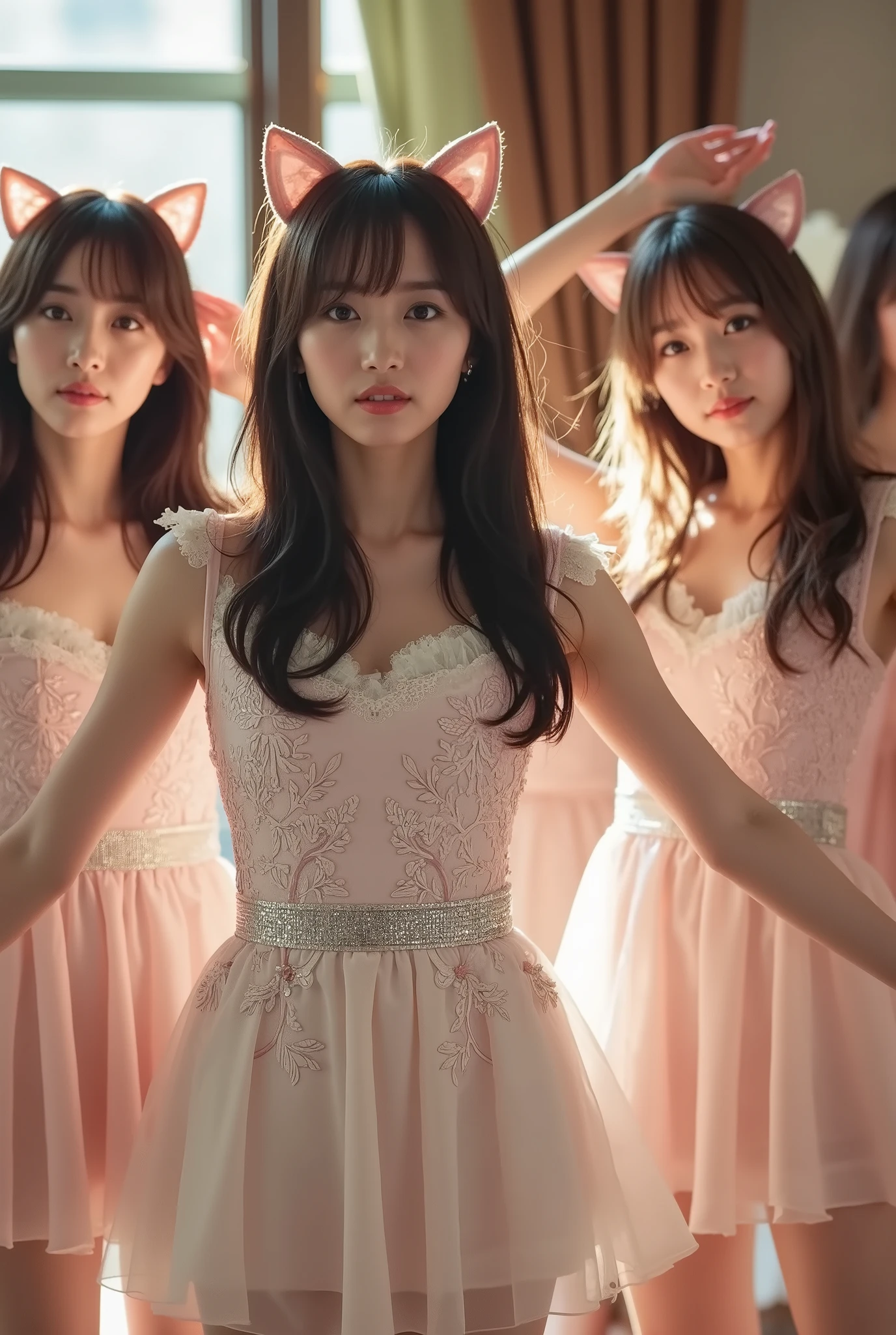 A mesmerizing portrait of a stunning Japanese female idol group, gracefully posed with slender physiques. They wear intricately designed idol group costumes, adorned with delicate textures and shimmering accents, complemented by charming cat ears that add a playful yet elegant touch. The scene unfolds in a dramatic moment from a music video, bathed in cinematic lighting that amplifies emotion, depth, and visual grandeur. Dynamic composition and expressive energy create an immersive experience, capturing the allure and sophistication of idol performance.