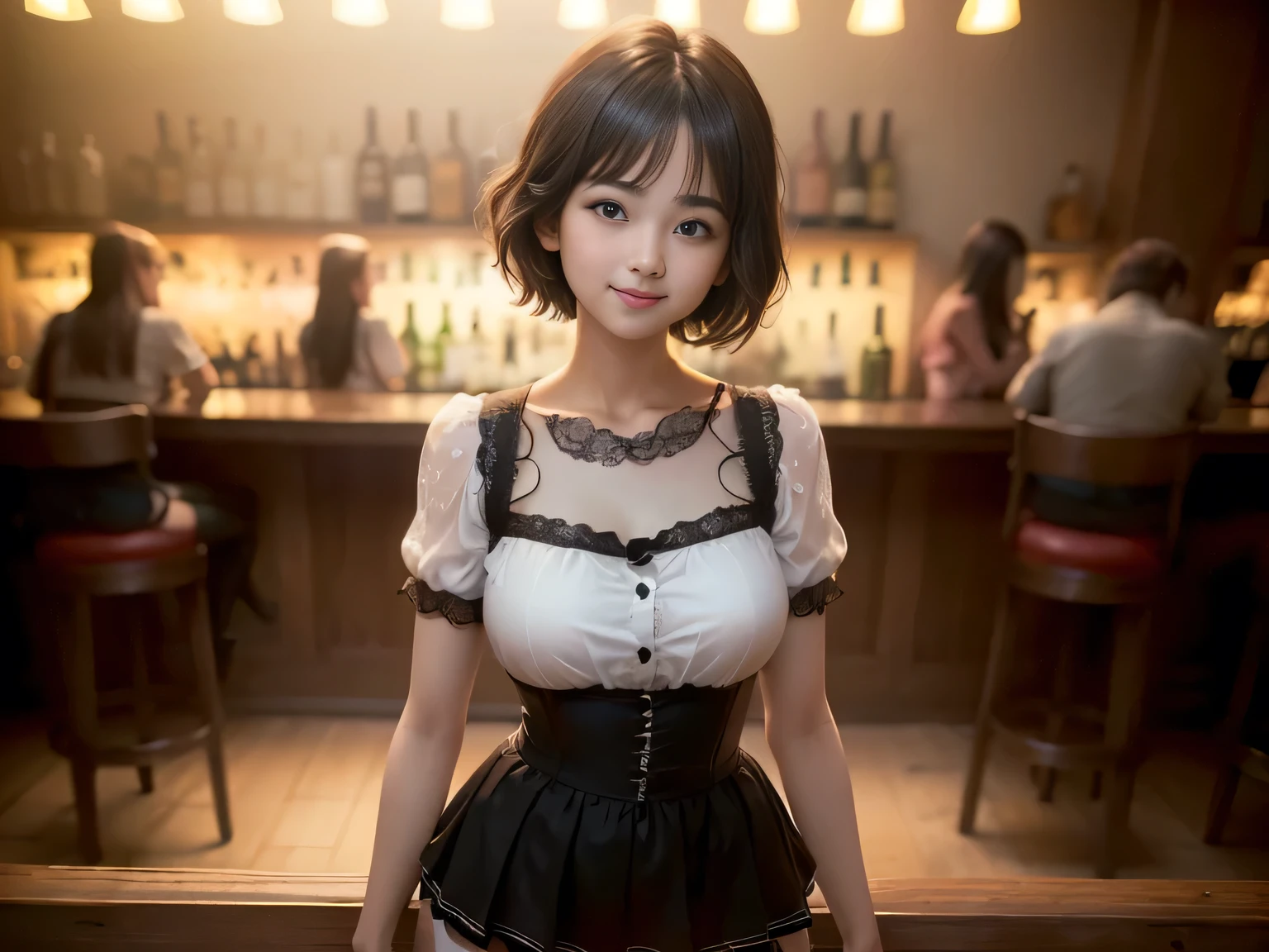 (Highest quality, masterpiece, Ultra-high resolution, 8k, RAW Photos, Realistic, Anatomically correct:1.5), 20-year-old girl:1.2, Embarrassing, avert your eyes, blush:1.0, View Viewer, ((bar)) 、Large windows、Night view、 Light:1.2, Bokeh, Cinema Lighting:1.0, Depth of written boundary, sharp、 Cute Face、Idol、(Black short sleeve lace top)、(Black tulle skirt)、”dwarf”、(Floral clothes)、(Full Body Shot)、Side angle、Cowboy Shot、( smile)、((Ultra short hair、Berry Short))、(Straight bangs)、((See-through))、(( One woman))、Waist、I can see your thighs、