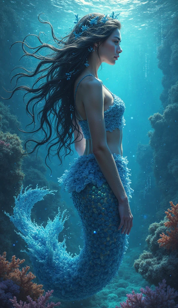 (best quality,4k,8k,highres,masterpiece:1.2),ultra-detailed,(realistic,photorealistic,photo-realistic:1.37),psychedelic mermaid colony hidden in a bioluminescent grotto, where merfolk with iridescent tails perform mesmerizing dances amidst shimmering curtains of seaweed,underwater fantasy,nature-inspired,ethereal ambiance,luminous creatures,lively and vibrant colors,sparkling lights,captivating visual spectacle,translucent underwater world,curved coral reefs,glowing marine flora,beautifully flowing water,magical atmosphere,faint silver glow,fascinating patterns on scales,mysterious and alluring,whimsical aquatic domain,serene and enchanting scenery,dreamlike experience,fluid motions of the merfolk,graceful and elegant gestures,dramatic backlit scenes,ethereal and otherworldly,mystical energy,twinkling bioluminescent light,breathtaking and surreal,tranquil and mesmerizing,beauty of underwater life,unforgettable underwater adventure,twinkling stars in the water,harmony between merfolk and marine life,magical underwater haven,hypnotizing movements,subtle shimmering effects,lush underwater vegetation,endless visual delight.