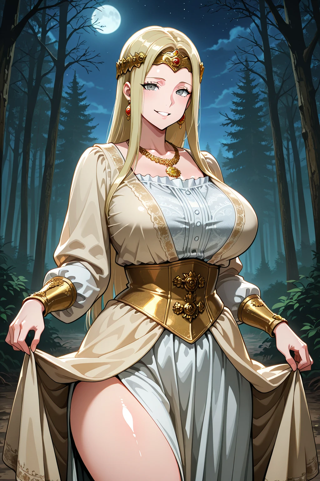 full body of blonde scandinavian goddess muscle tone full body, face of elsa hosk, huge breasts, white silk dress with deep cleavage, bare feet, amber necklace, light blue eyes, golden blonde wavy hair, red lips, seductive gaze, volumetric lighting, realistic, meadow background, thick thighs, muscular body, jewelry, realistic, raw, analog, woman, photorealistic, analog, realism