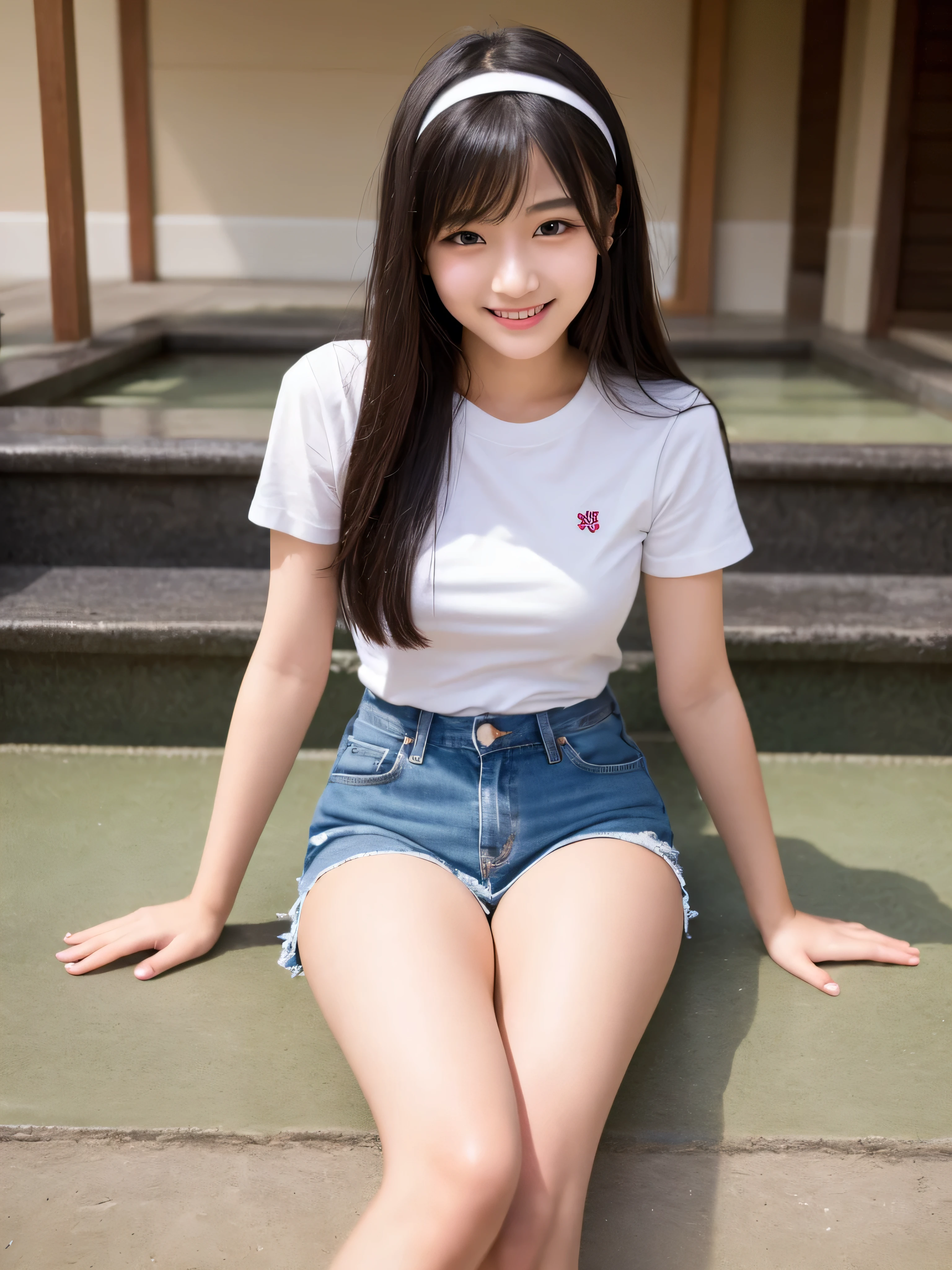 Sitting with legs crossed, Ecstatic expression, Cute junior high school girl, Looking at me, Sexy face, With legs apart, Open your legs, Wearing open-chested clothing, Big breasted, Wet, Soaking wet